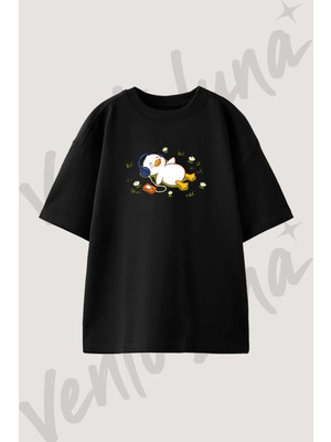Duck Headphones Tasarım Baskılı Unisex Oversize Kalıp Siyah Tshirt