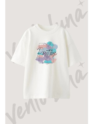 Mind Positive Tasarım Baskılı Unisex Oversize Kalıp Beyaz Tshirt