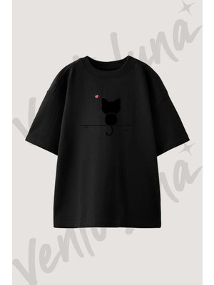 Kedi Sevgi Tasarım Baskılı Unisex Oversize Kalıp Siyah Tshirt