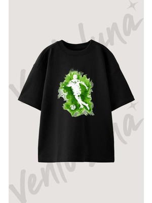 Soccer Player_3 Tasarım Baskılı Unisex Oversize Kalıp Siyah Tshirt