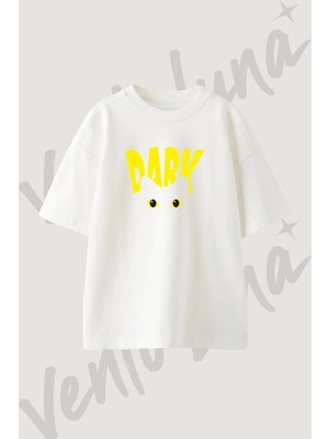 Dark Cat Tasarım Baskılı Unisex Oversize Kalıp Beyaz Tshirt