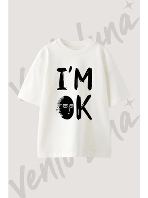 Saitama Im Ok Tasarım Baskılı Unisex Oversize Kalıp Beyaz Tshirt