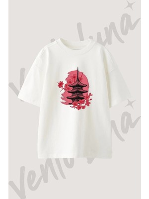 Sakura Pagoda Tasarım Baskılı Unisex Oversize Kalıp Beyaz Tshirt