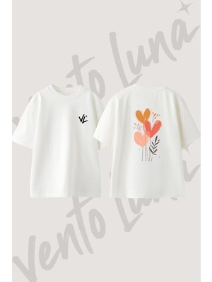 Kalp Cicek_1 Tasarım Sırt Baskılı Pamuk Beyaz Oversize T-Shirt