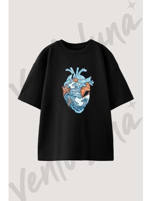 Deniz Kalbi Tasarım Baskılı Unisex Oversize Kalıp Siyah Tshirt