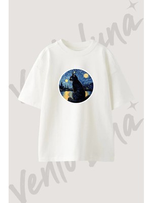 Black Cat Starry Night Tasarım Baskılı Unisex Oversize Kalıp Beyaz Tshirt