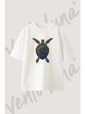 Deniz Kaplumbagasi_2 Tasarım Baskılı Unisex Oversize Kalıp Beyaz Tshirt