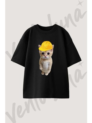 Kitten Hardhat Tasarım Baskılı Unisex Oversize Kalıp Siyah Tshirt