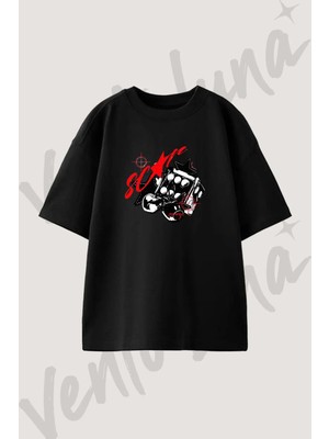 Dice Cherry Tasarım Baskılı Unisex Oversize Kalıp Siyah Tshirt