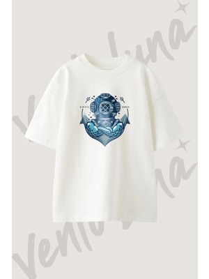 Diver Helmet Octopus Tasarım Baskılı Unisex Oversize Kalıp Beyaz Tshirt