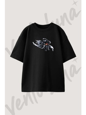 Klasik Motosiklet Tasarım Baskılı Unisex Oversize Kalıp Siyah Tshirt