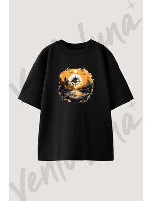 Doga Pusula Tasarım Baskılı Unisex Oversize Kalıp Siyah Tshirt