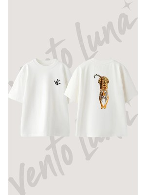 Striped Tiger Tasarım Sırt Baskılı Pamuk Beyaz Oversize T-Shirt