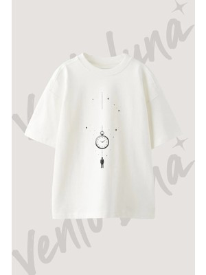Saat Adam Tasarım Baskılı Unisex Oversize Kalıp Beyaz Tshirt