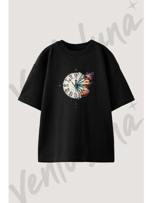 Saat Kelebek Tasarım Baskılı Unisex Oversize Kalıp Siyah Tshirt