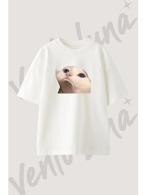 Genis Gozlu Kedi Tasarım Baskılı Unisex Oversize Kalıp Beyaz Tshirt