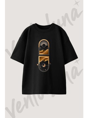 Kumul Gunes Ay Tasarım Baskılı Unisex Oversize Kalıp Siyah Tshirt