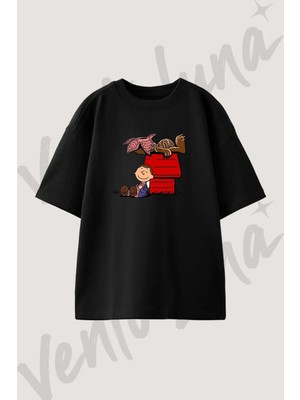 Eleven Demogorgon Tasarım Baskılı Unisex Oversize Kalıp Siyah Tshirt