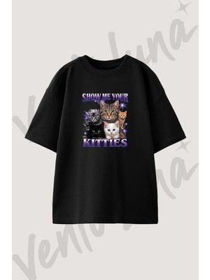 Yavru Kediler Tasarım Baskılı Unisex Oversize Kalıp Siyah Tshirt