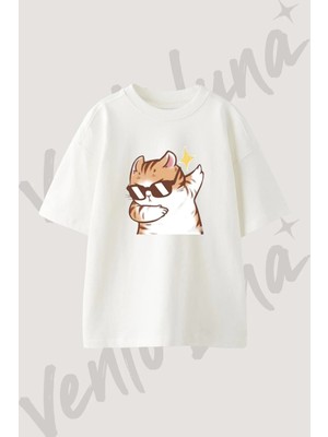 Cool Cat_1 Tasarım Baskılı Unisex Oversize Kalıp Beyaz Tshirt