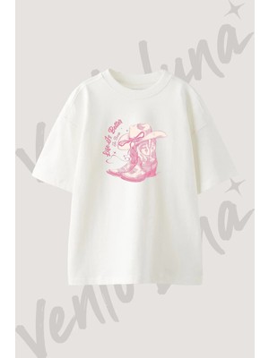 Cowboy Boots Hat Tasarım Baskılı Unisex Oversize Kalıp Beyaz Tshirt
