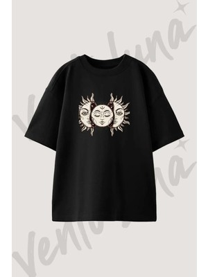 Sun Moon_4 Tasarım Baskılı Unisex Oversize Kalıp Siyah Tshirt