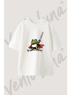 Sovalye Kurbaga Tasarım Baskılı Unisex Oversize Kalıp Beyaz Tshirt