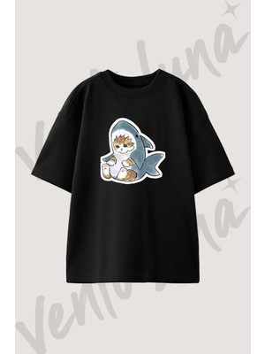 Cat Shark Tasarım Baskılı Unisex Oversize Kalıp Siyah Tshirt