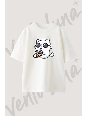 Cat Sunglasses Boba Tasarım Baskılı Unisex Oversize Kalıp Beyaz Tshirt