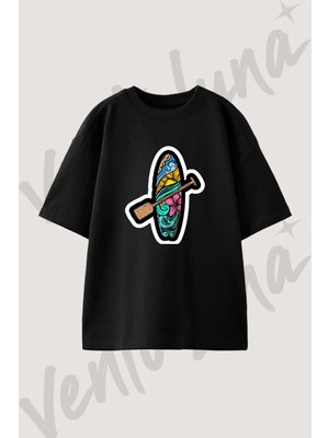 Surfboard Paddle Tasarım Baskılı Unisex Oversize Kalıp Siyah Tshirt
