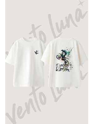 Motocross Love Tasarım Sırt Baskılı Pamuk Beyaz Oversize T-Shirt