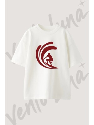 Surfer Wave Tasarım Baskılı Unisex Oversize Kalıp Beyaz Tshirt