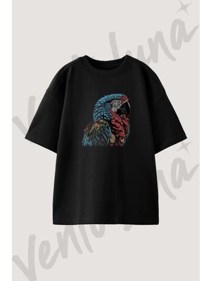 Colorful Macaw Tasarım Baskılı Unisex Oversize Kalıp Siyah Tshirt