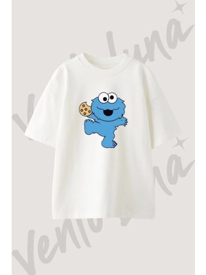 Cookie Monster Tasarım Baskılı Unisex Oversize Kalıp Beyaz Tshirt