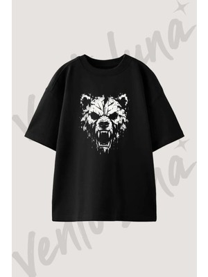 Kirik Ayi Tasarım Baskılı Unisex Oversize Kalıp Siyah Tshirt