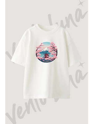 Fuji Sakura Pagoda Tasarım Baskılı Unisex Oversize Kalıp Beyaz Tshirt