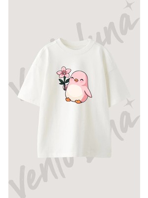Pink Penguin Tasarım Baskılı Unisex Oversize Kalıp Beyaz Tshirt