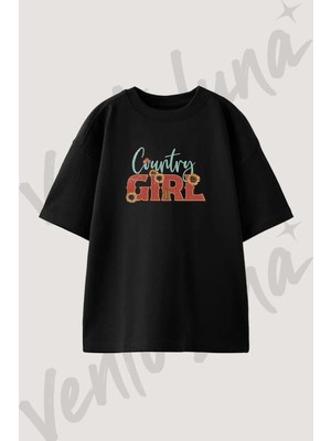 Country Girl Tasarım Baskılı Unisex Oversize Kalıp Siyah Tshirt
