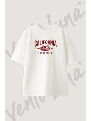 California Mountains Tasarım Baskılı Unisex Oversize Kalıp Beyaz Tshirt