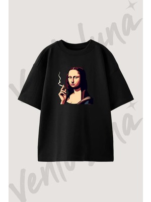 Pop Art Mona Lisa Tasarım Baskılı Unisex Oversize Kalıp Siyah Tshirt