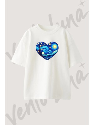 Starry Night Heart Tasarım Baskılı Unisex Oversize Kalıp Beyaz Tshirt