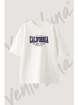 California Golden State Tasarım Baskılı Unisex Oversize Kalıp Beyaz Tshirt