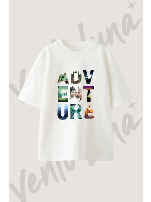Camping Adventure Tasarım Baskılı Unisex Oversize Kalıp Beyaz Tshirt
