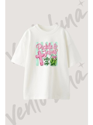 Pickle Jesus Tasarım Baskılı Unisex Oversize Kalıp Beyaz Tshirt