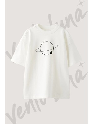 Planet Heart Tasarım Baskılı Unisex Oversize Kalıp Beyaz Tshirt