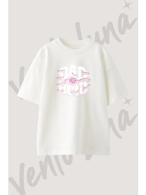 Melting Face_1 Tasarım Baskılı Unisex Oversize Kalıp Beyaz Tshirt