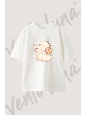 Anime Koyun Tasarım Baskılı Unisex Oversize Kalıp Beyaz Tshirt