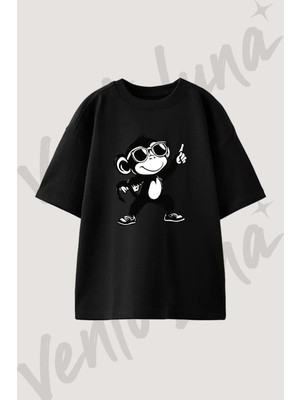 Sunglass Monkey Tasarım Baskılı Unisex Oversize Kalıp Siyah Tshirt