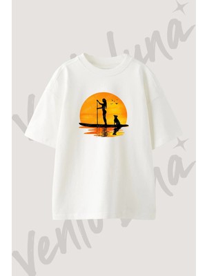Sup Kadin Kopek Tasarım Baskılı Unisex Oversize Kalıp Beyaz Tshirt