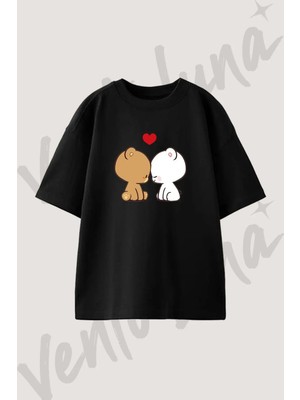 Milk Mocha Tasarım Baskılı Unisex Oversize Kalıp Siyah Tshirt